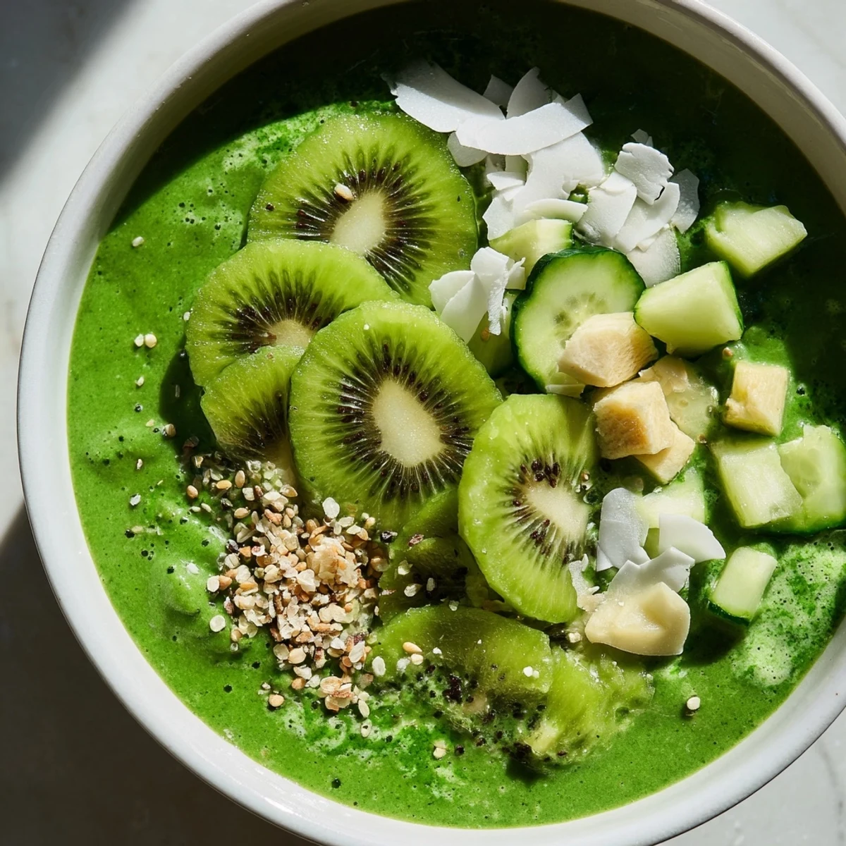 Creamy Green Smoothie Bowl with kale, kiwi, avocado, ready to eat with crunchy toppings.