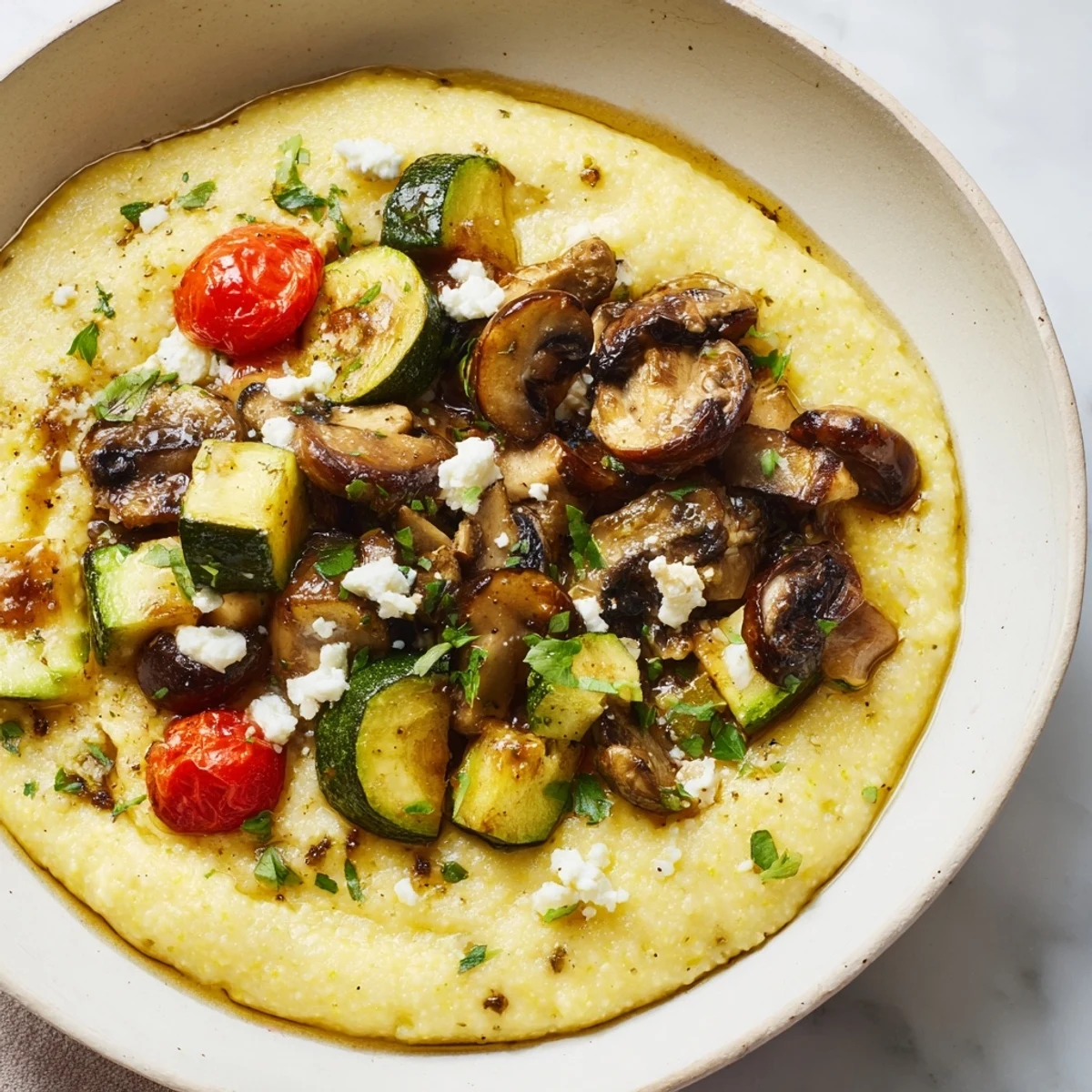 Warm, creamy Cornmeal Mush Polenta Bowls topped with savory sautéed mushrooms and fresh herbs.