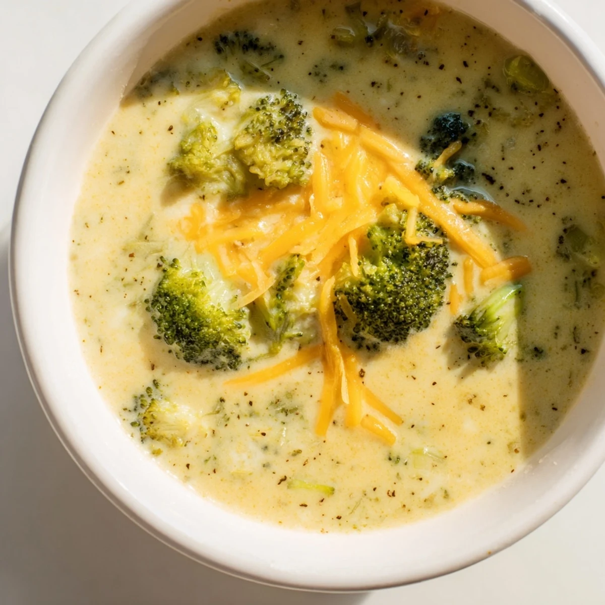A steaming bowl of broccoli cheese soup, creamy and golden, ready for a comforting meal.