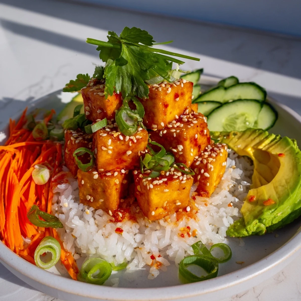 Golden, crispy Chili-Mayo Baked Tofu Bowls served over fluffy rice, ready to eat.