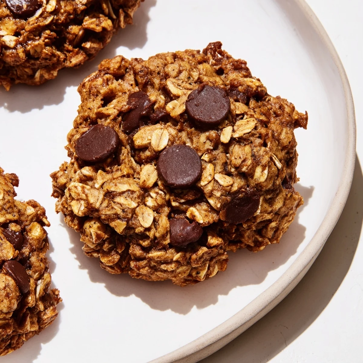 Close-up of a stack of Oat-Banana Chocolate Chip Cookies showcasing the texture and chocolate chips.