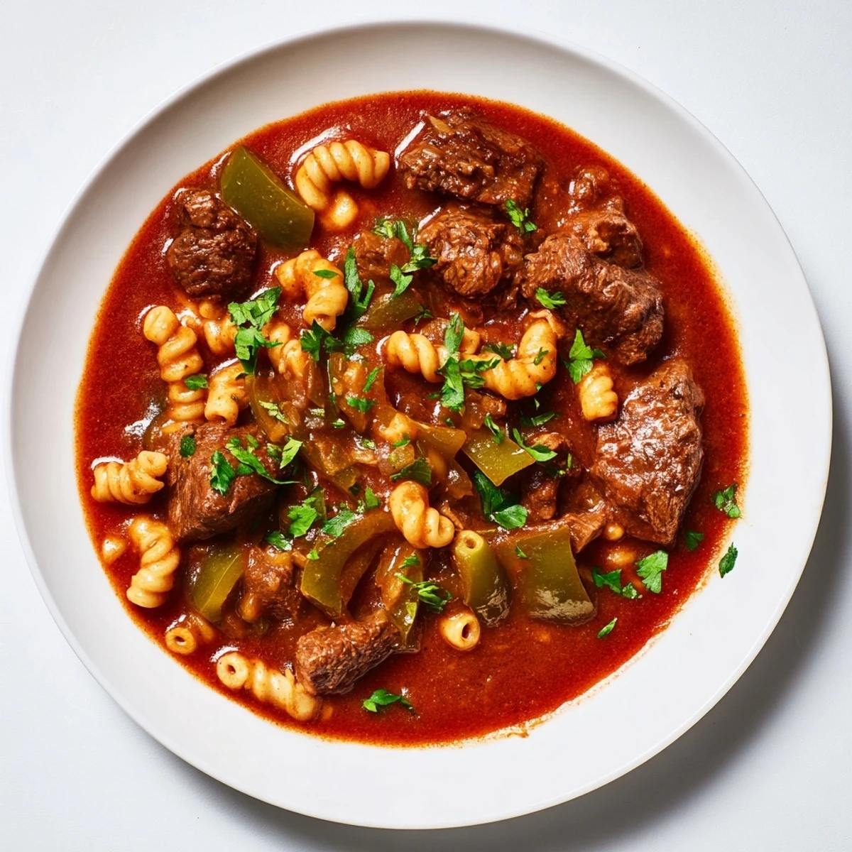 A close-up of flavorful goulash, showcasing tender beef and perfectly cooked pasta in a rich sauce.
