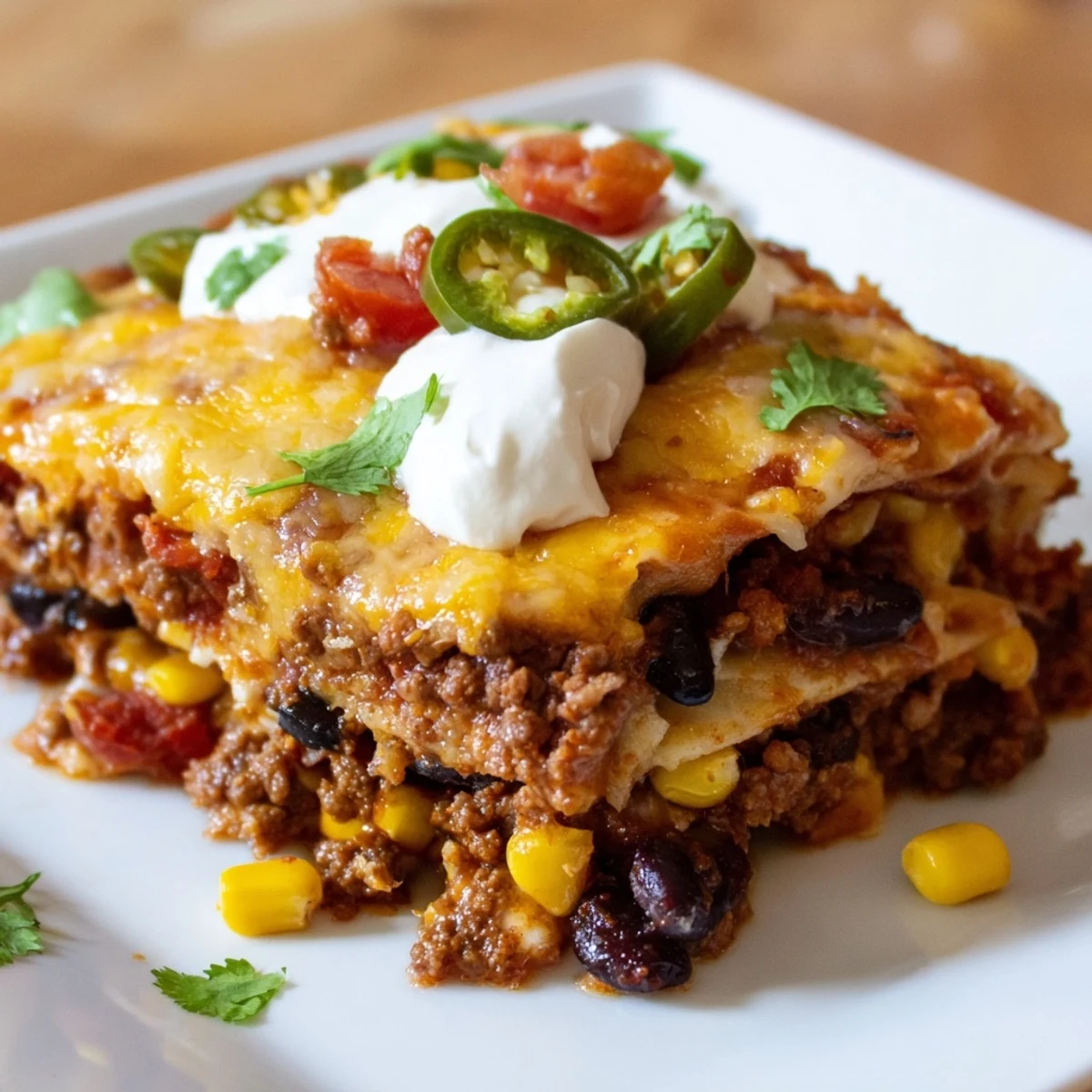 Steaming-hot Taco Lasagna, layered with cheese and beef, ready to be sliced and served.