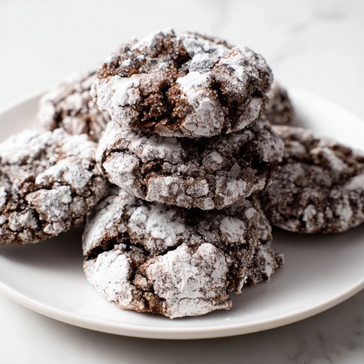 Cracked powdered sugar coats the dark, rich Chocolate Gingerbread Crinkle Cookies in a holiday spread.