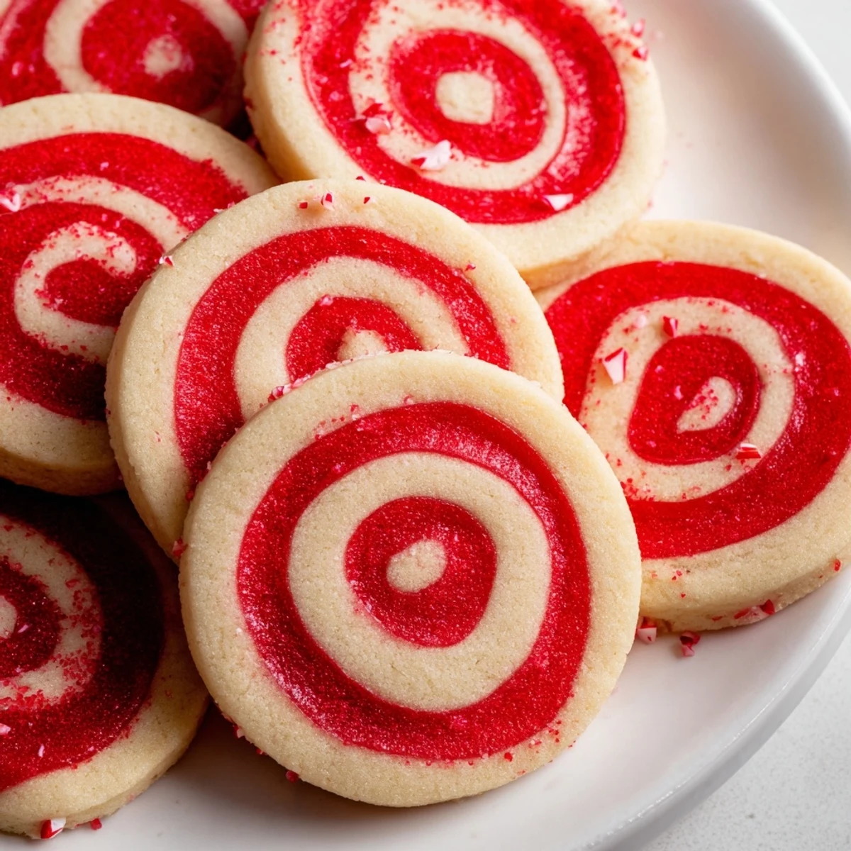 Swirly red and white Candy Cane Pinwheel Cookies, peppermint scented treats ready for the holidays.