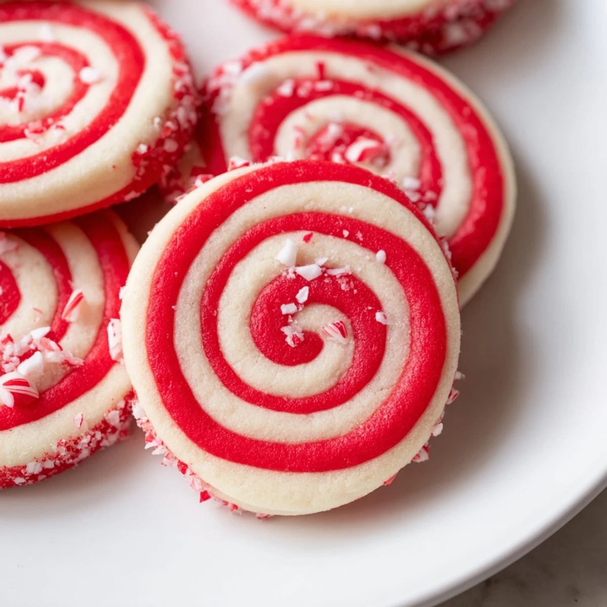 Close-up of freshly baked Candy Cane Pinwheel Cookies, with beautiful red and white spirals and holiday cheer.
