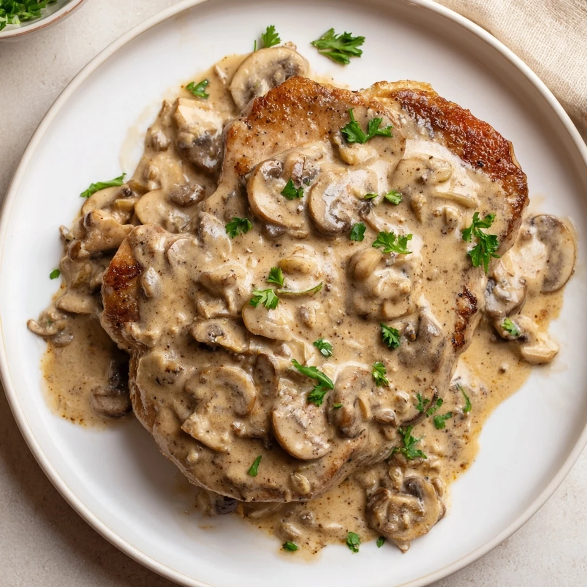 Golden-brown Stove Top Pork Chops swimming in creamy mushroom sauce, perfect for a cozy supper.