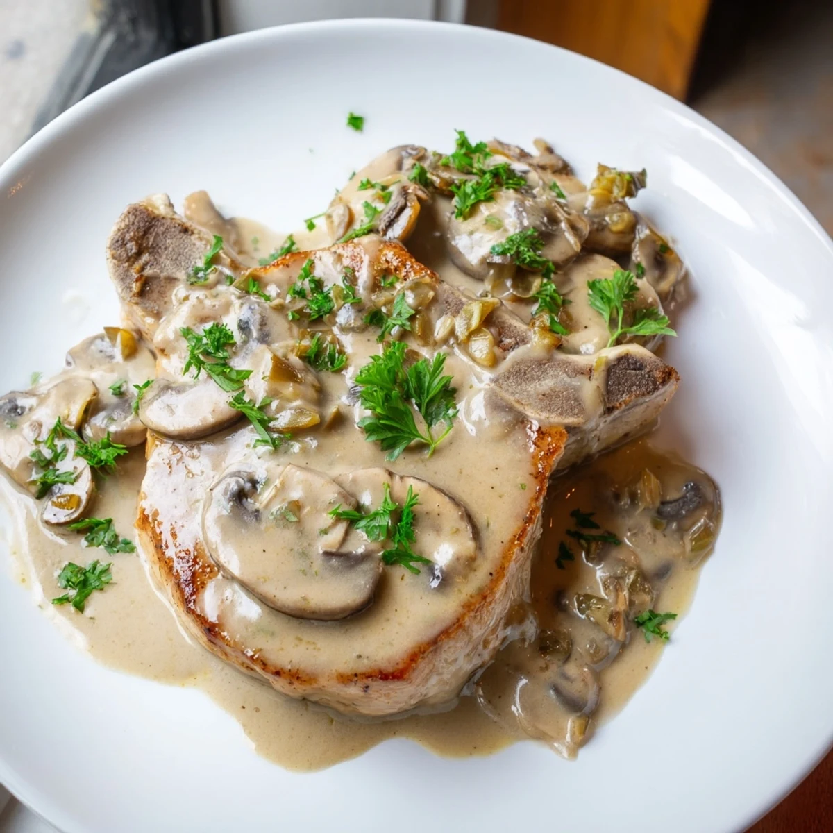 Savory Stove Top Pork Chops with a rich, mushroom gravy, served alongside fluffy mashed potatoes.