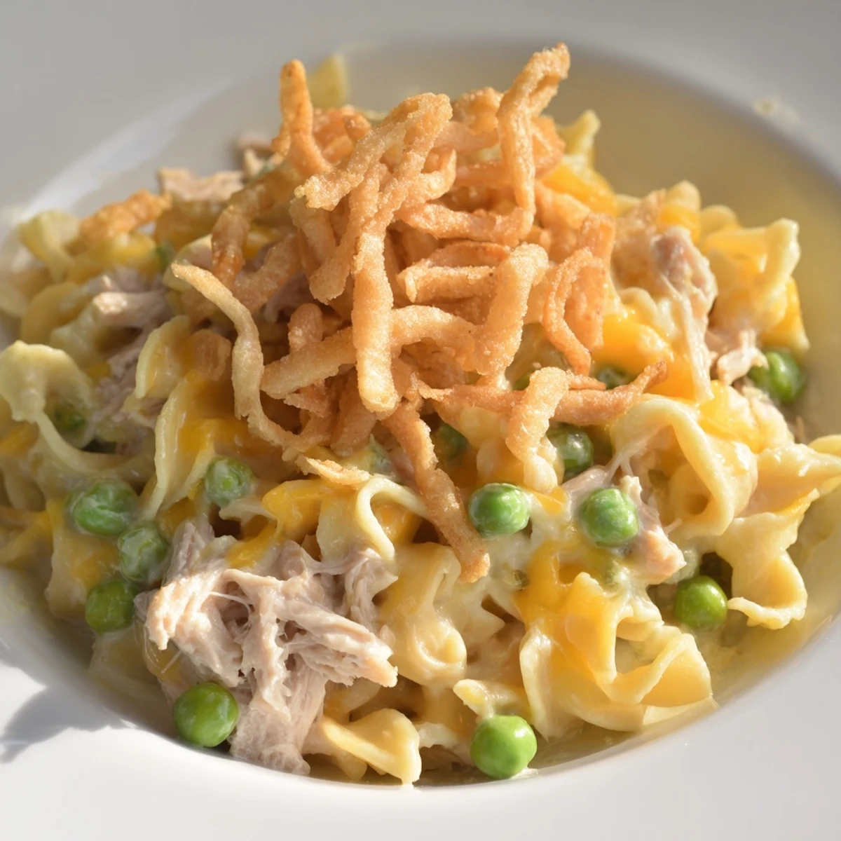 Creamy Tuna Noodle Casserole with crispy onions, a bubbling golden baked comfort food dish.