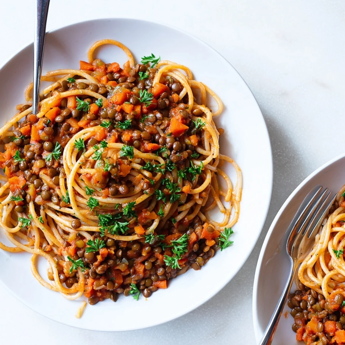 A steaming bowl of Hearty Lentil Bolognese, a hearty vegan meal served over pasta.