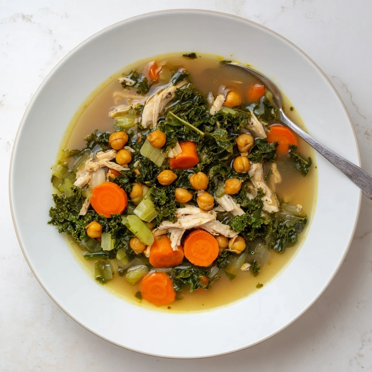 This inviting photo showcases a hearty Chicken Kale Soup with Crispy Chickpeas, a delicious comfort food meal.
