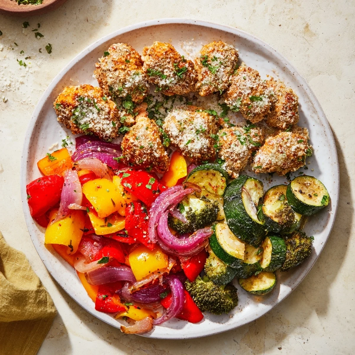Oven-baked Garlic Parmesan Chicken Bites, smelling of garlic and herbs, alongside colorful bell peppers.