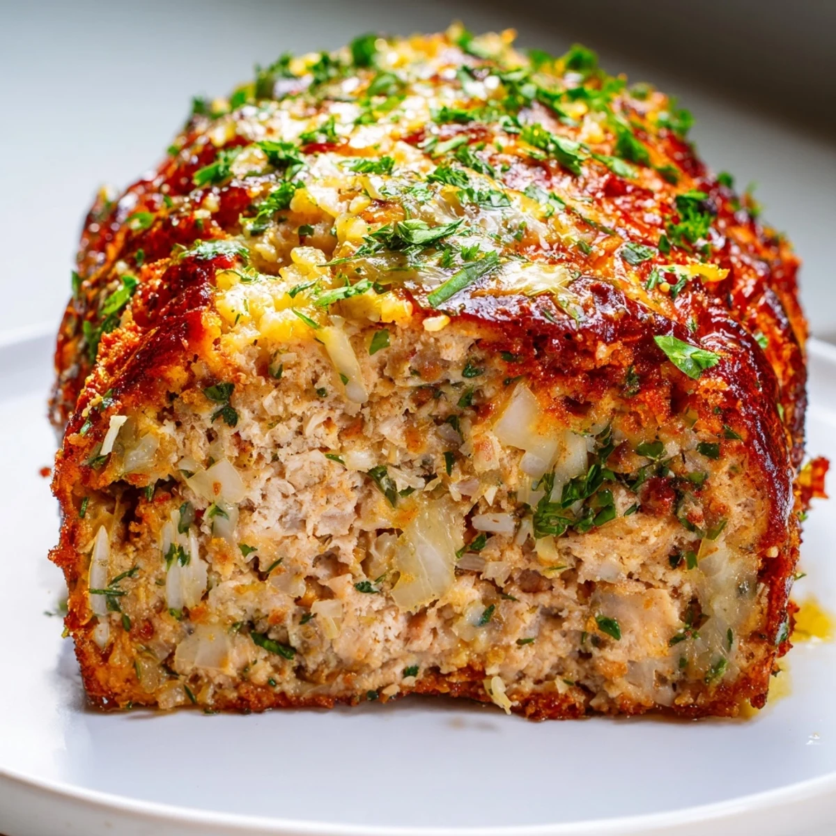 Juicy Garlic Parmesan Chicken Meatloaf, glazed and glistening, ready for slicing and enjoying tonight.