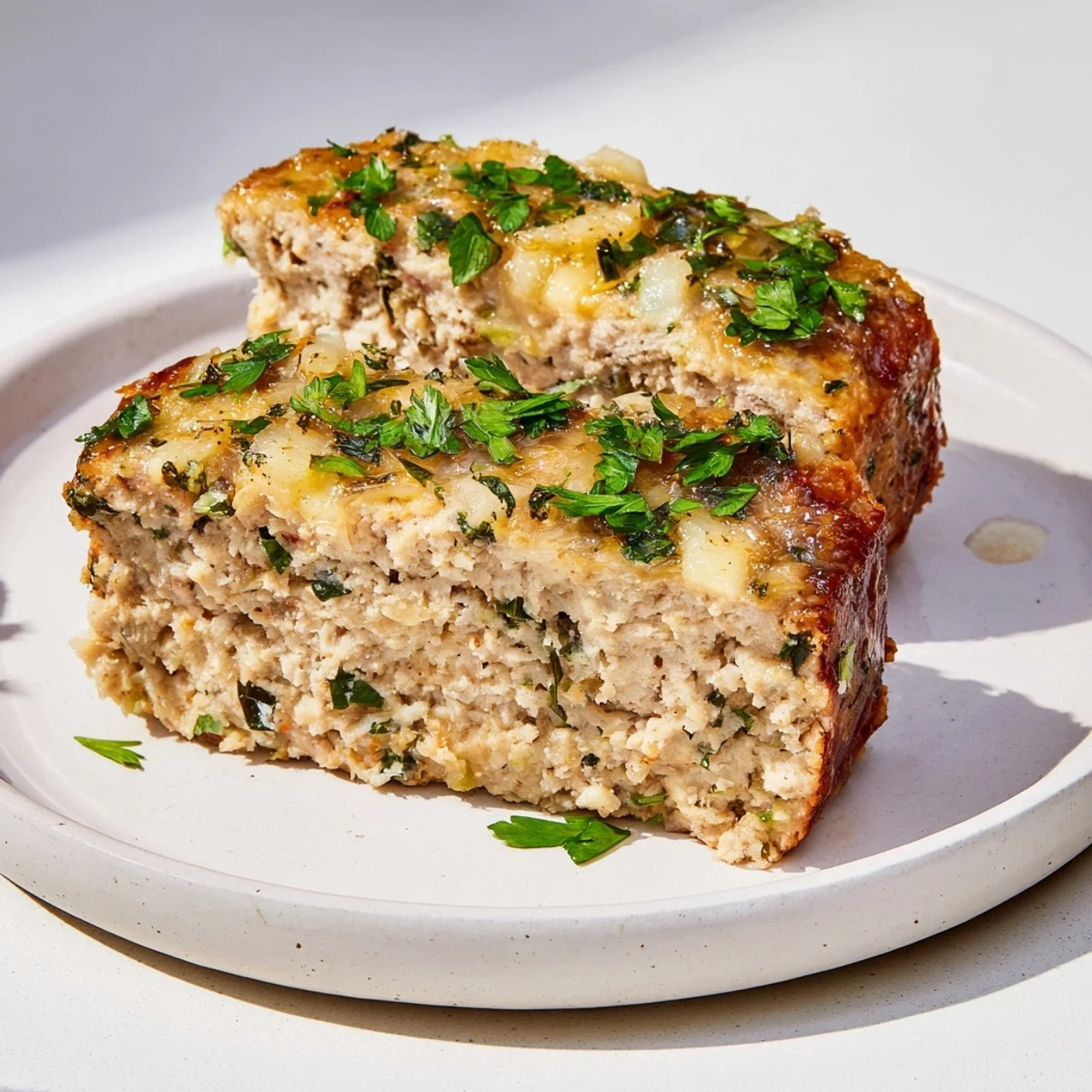 Fluffy slices of Garlic Parmesan Chicken Meatloaf, served with fresh parsley, perfect for a hearty meal.
