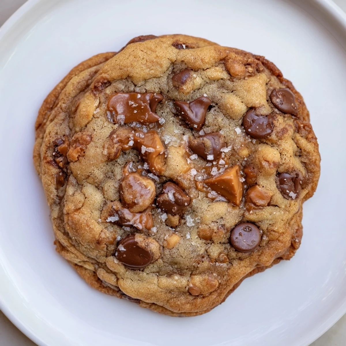 Close-up of golden Best Ever Butterscotch Chocolate Chip Cookies, showing melty chocolate and sea salt.