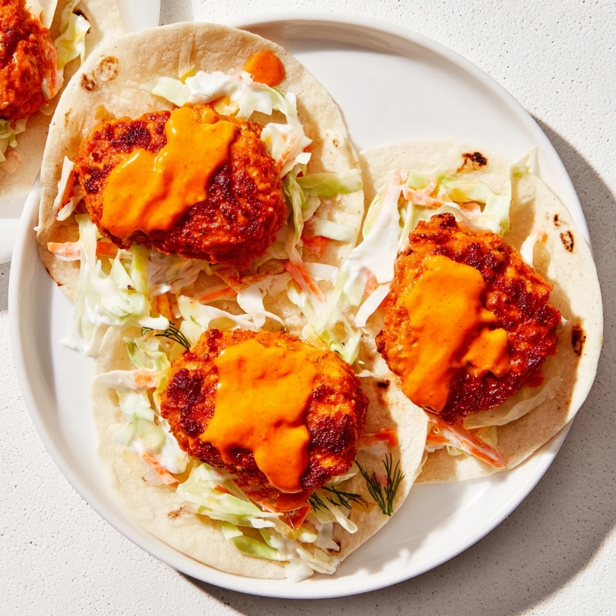 Sizzling-hot Buffalo Chicken Smash Burger Tacos are ready to eat, served with a vibrant slaw topping.