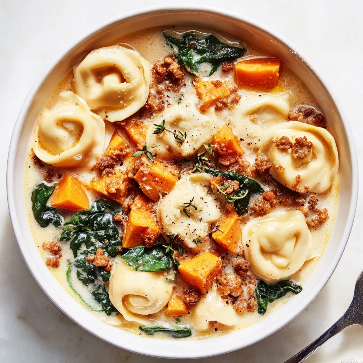 A close-up of the finished Creamy Sausage Tortellini Soup, showcasing its rich, creamy texture and vibrant colors.