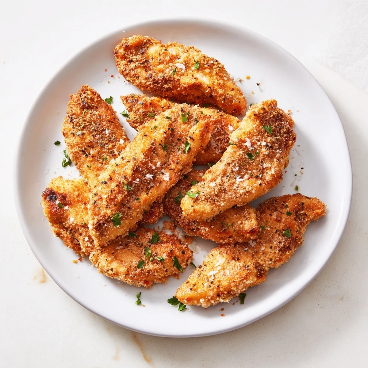 Golden brown Air Fryer Festive Chicken Tenders, crispy and ready for a savory bite, perfect for sharing.