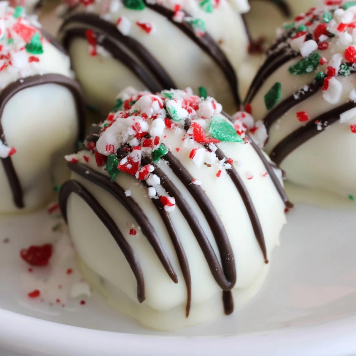 Delectable Simplified Christmas Oreo Truffles, drizzled with dark chocolate and colorful holiday sprinkles.