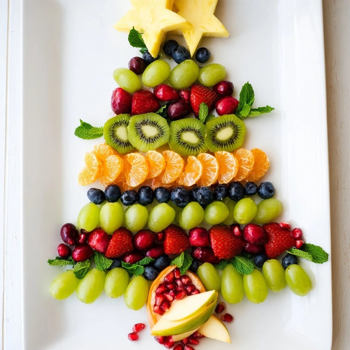 Vibrant Christmas tree fruit platter with grapes, kiwi, and strawberries, a healthy holiday snack.