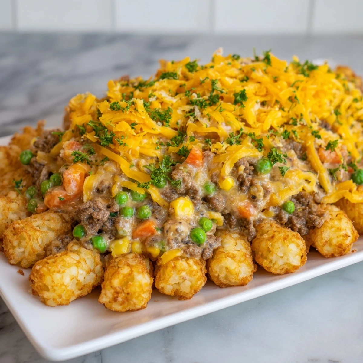 This homemade Quick Christmas Tater Tot Casserole features a savory beef and vegetable filling, topped with tots.