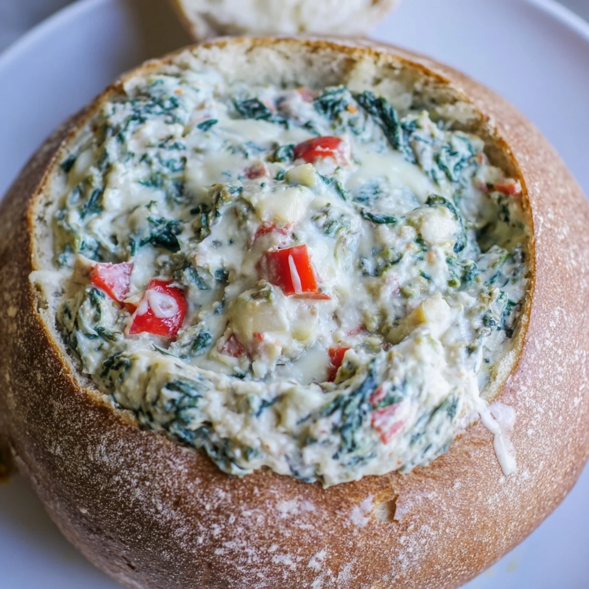 A golden-brown holiday spinach dip bread bowl overflowing with creamy, bubbly filling, ready to serve.
