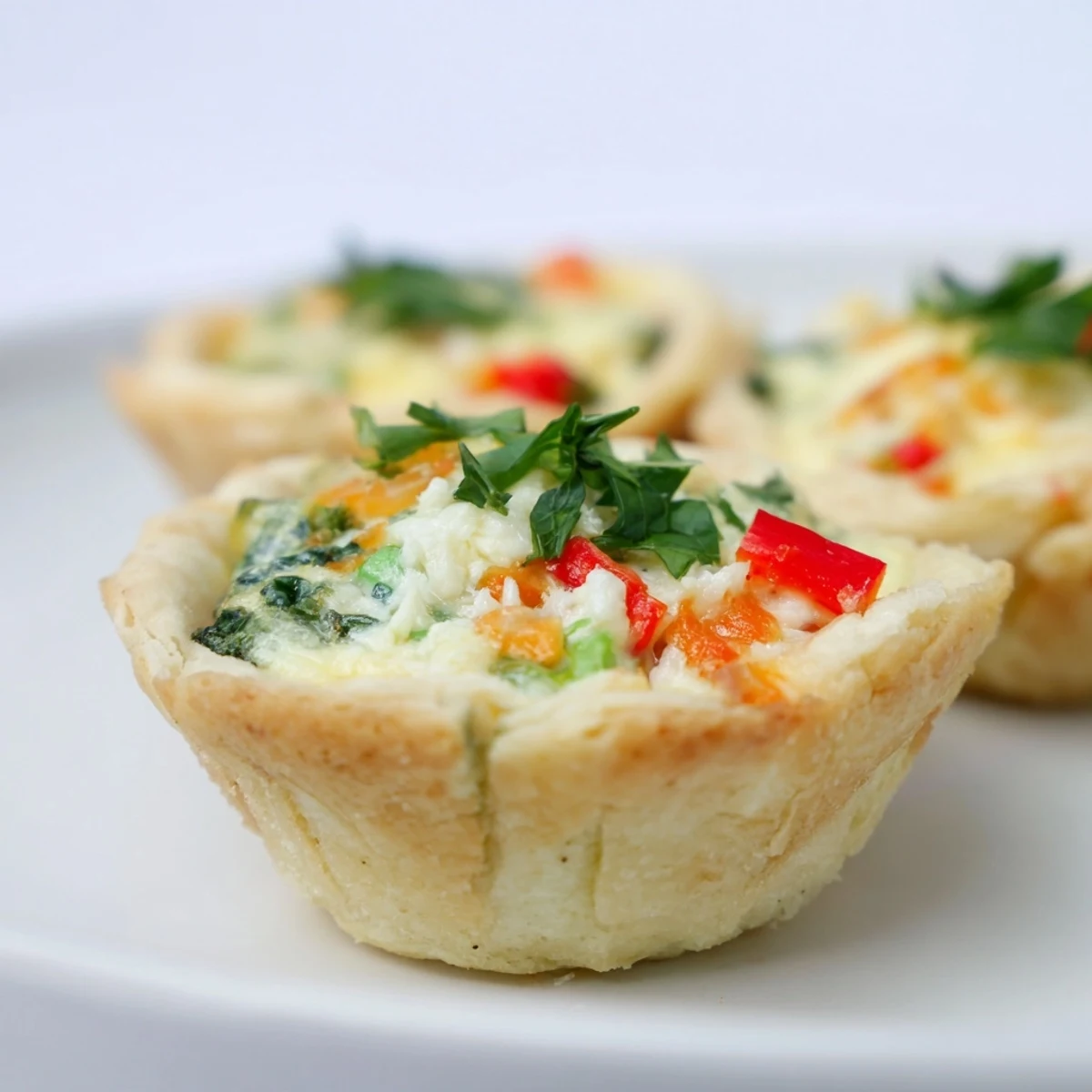 Golden, bubbly mini quiche cups filled with creamy cheese and colorful vegetables, perfect brunch bites.