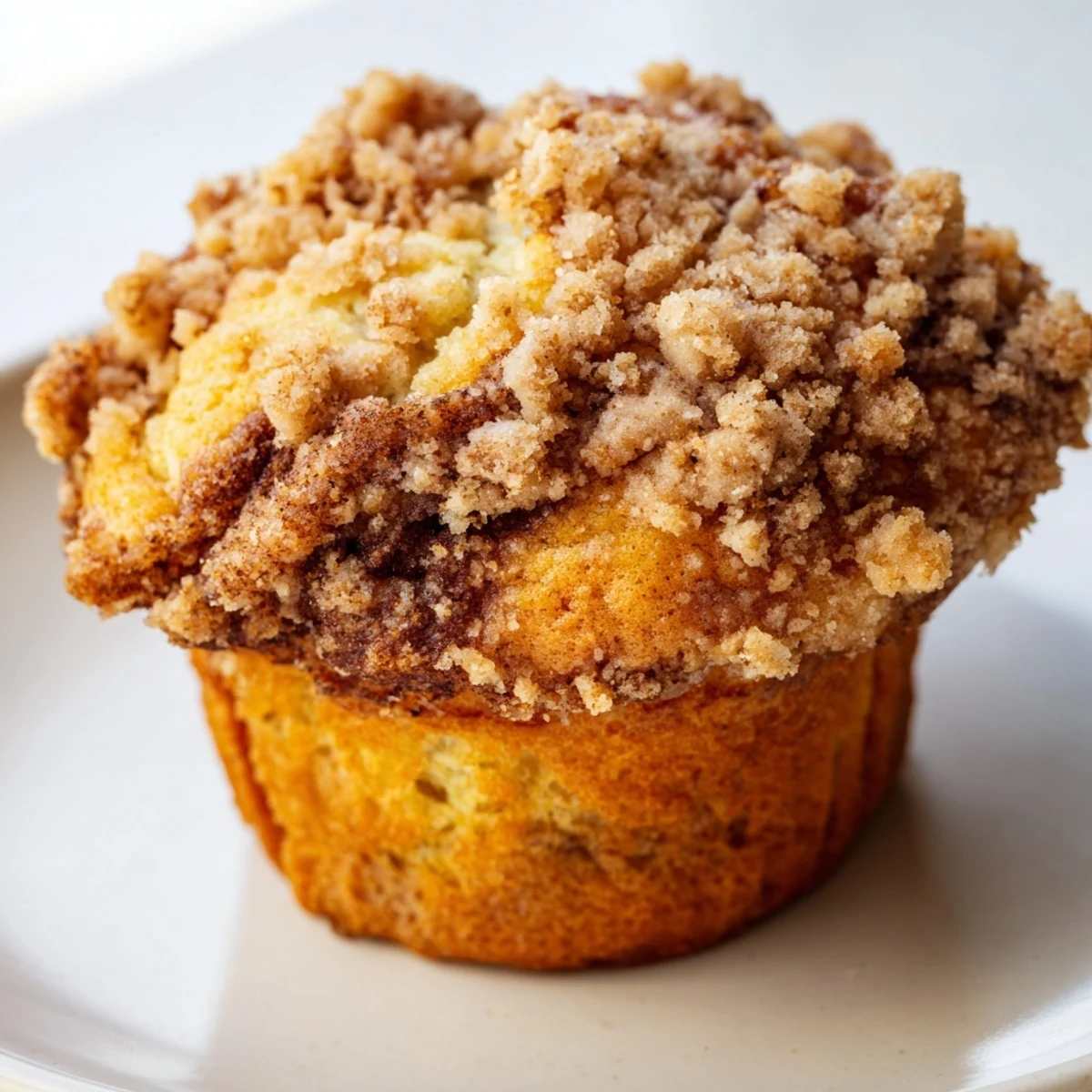 Fluffy, golden Lightened Christmas Coffee Cake Muffins with a cinnamon swirl, ready to be enjoyed.