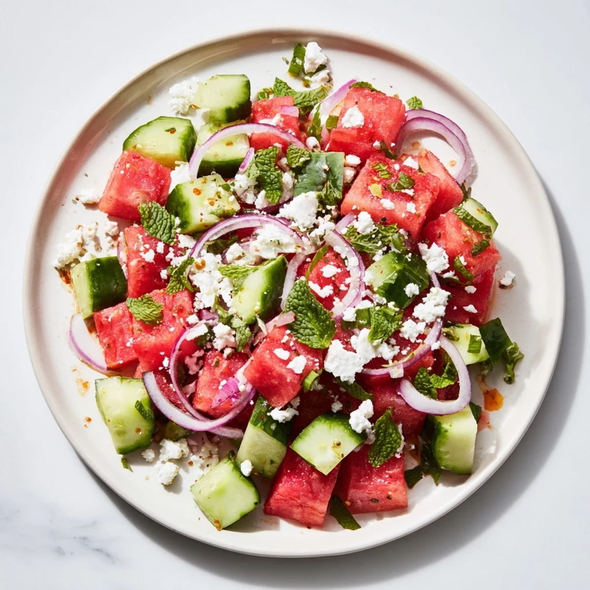 Cool, crisp Cucumber and Watermelon Hot Girl Salad with chili-lime dressing ready to enjoy on a sunny day.