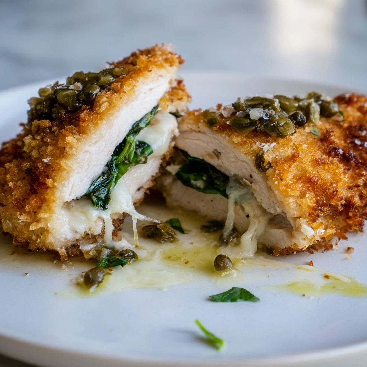 Golden-brown Chicken Piccata Crunch Wrap, bursting with tangy piccata sauce and crispy texture.