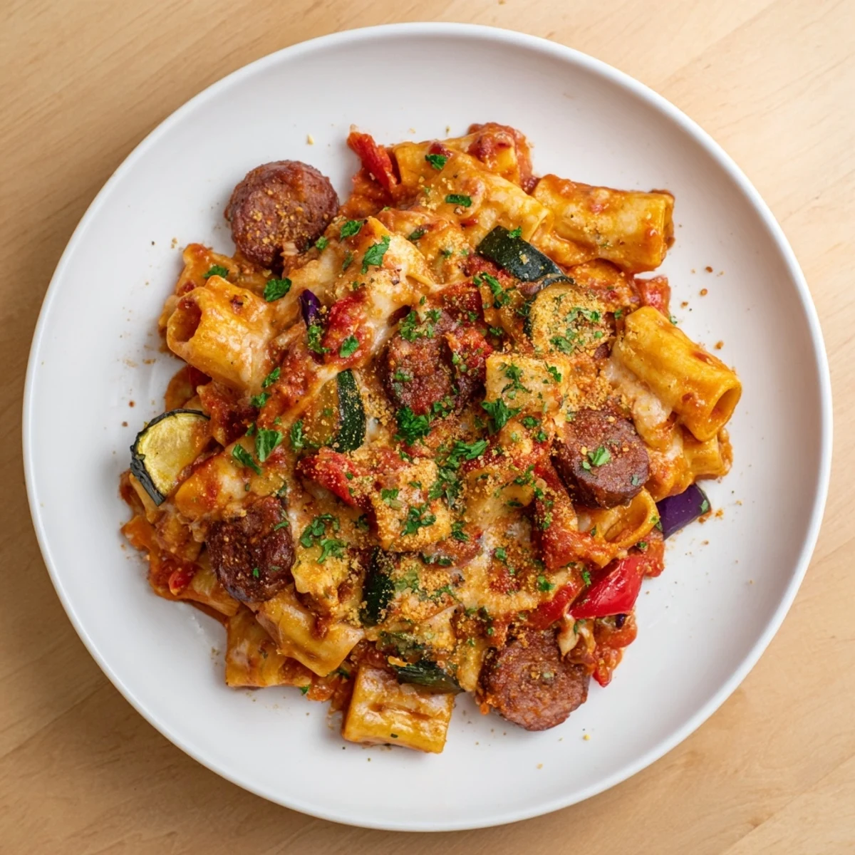 A close-up of a Spicy Vegan Chorizo Baked Pasta shows the perfectly baked, golden-brown crust and rich tomato sauce.