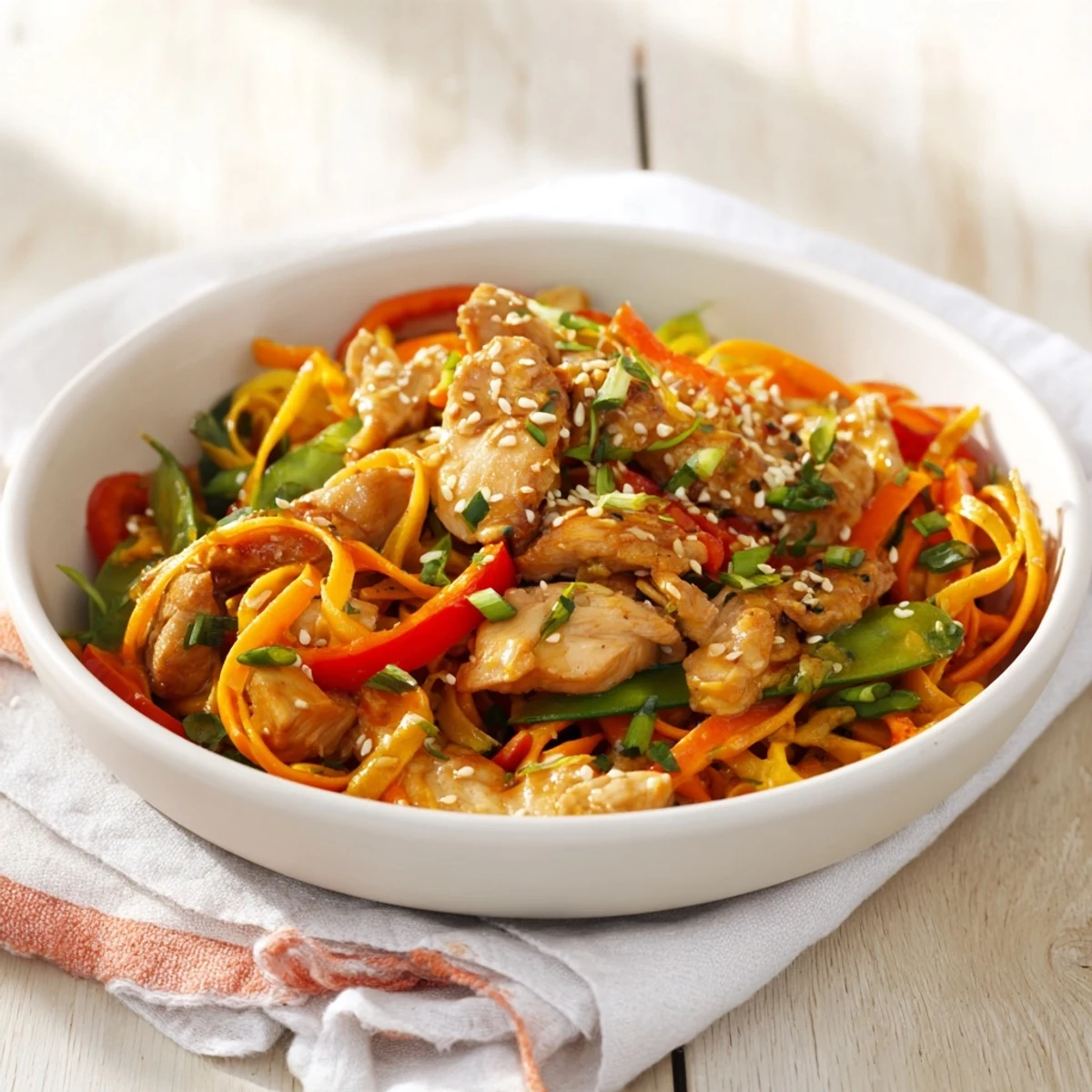 Steaming Lemon-Garlic Chicken Stir Fry with Noodles, a flavorful dish with colorful veggies and juicy chicken.