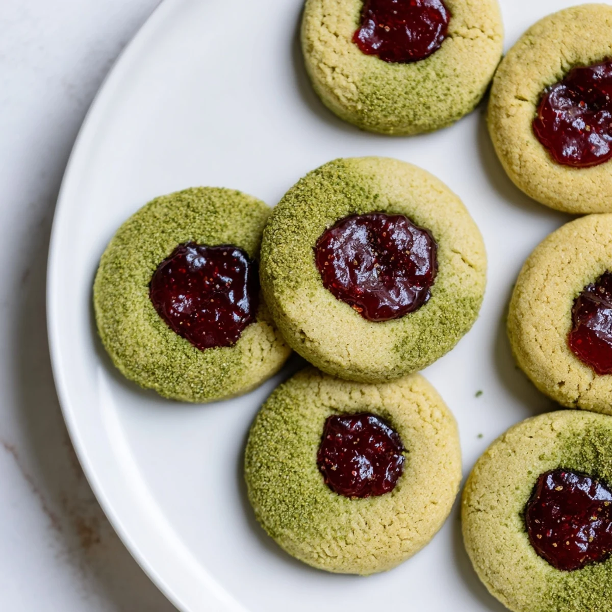 Matcha cranberry shortbread thumbprint cookies with glistening cranberry filling offer a sweet bite.