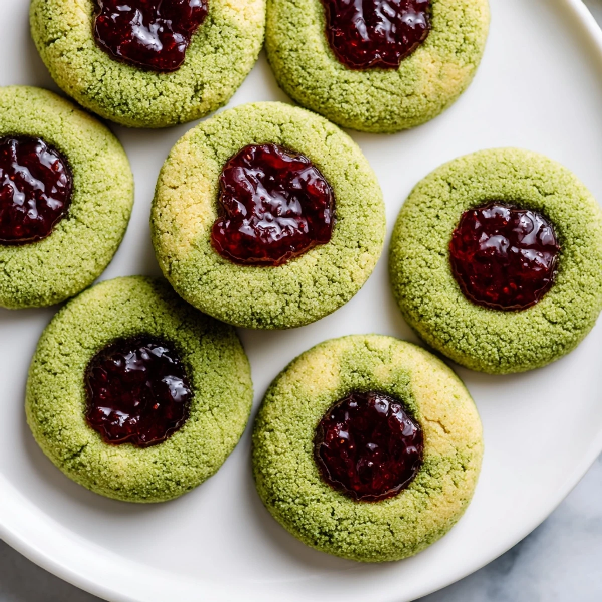 Crisp Matcha Cranberry Shortbread Thumbprint Cookies are artfully arranged, promising a delicious tea time.