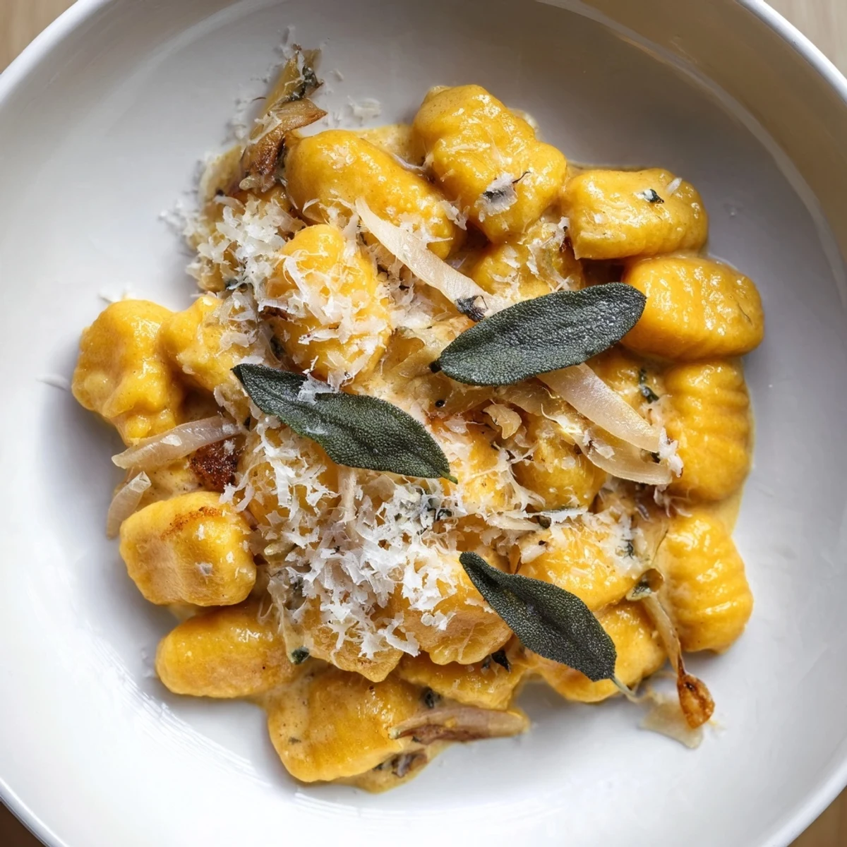 A close-up of delicious One-Pot Creamy Pumpkin Sage Gnocchi, ready and served with Parmesan cheese.