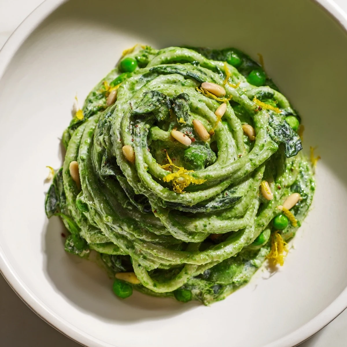 Creamy Green Pea & Spinach Pasta recipe plated with lemon zest, ready for a delicious, healthy meal.