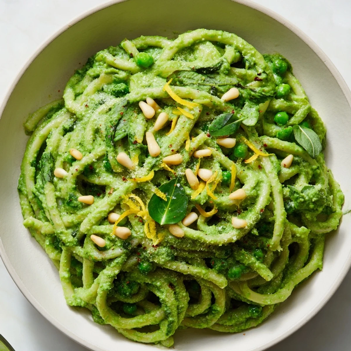 Vibrant Green Pea & Spinach Pasta, featuring fresh spinach, peas, and a hint of parmesan, steaming and ready.