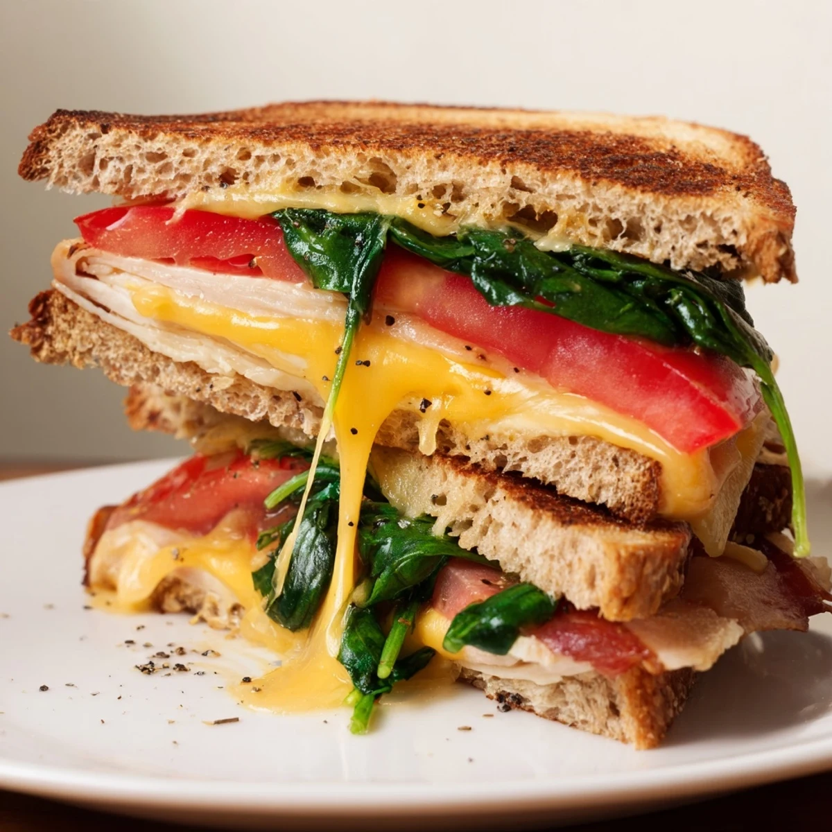 Melted cheddar with crispy bacon in a delicious Turkey Bacon, Spinach & Tomato Protein Grilled Cheese sandwich.