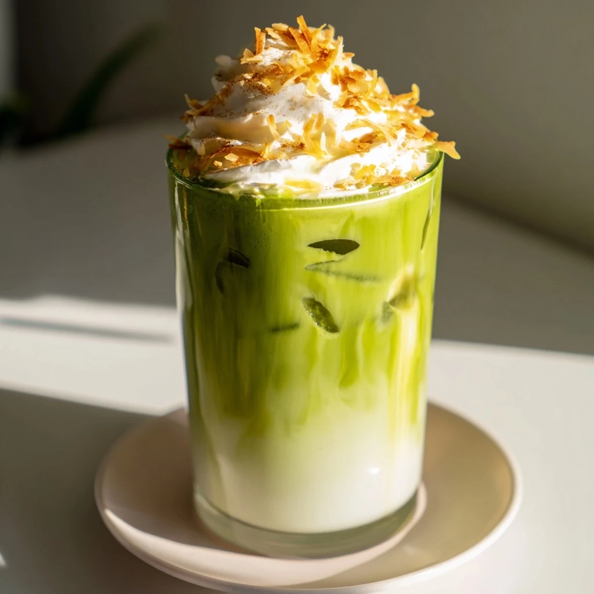 Vibrant image of a refreshing Toasted Coconut Gingerbread Iced Matcha, perfect for a cozy afternoon treat.