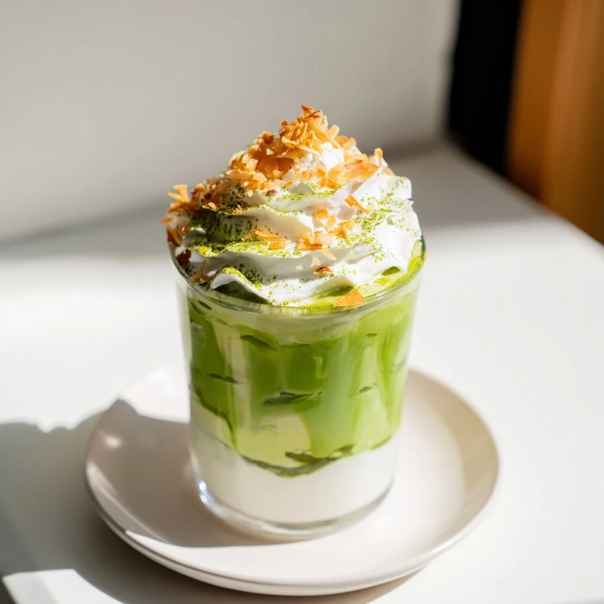 Steaming hot Toasted Coconut Gingerbread Iced Matcha latte, topped with whipped cream and golden coconut flakes.