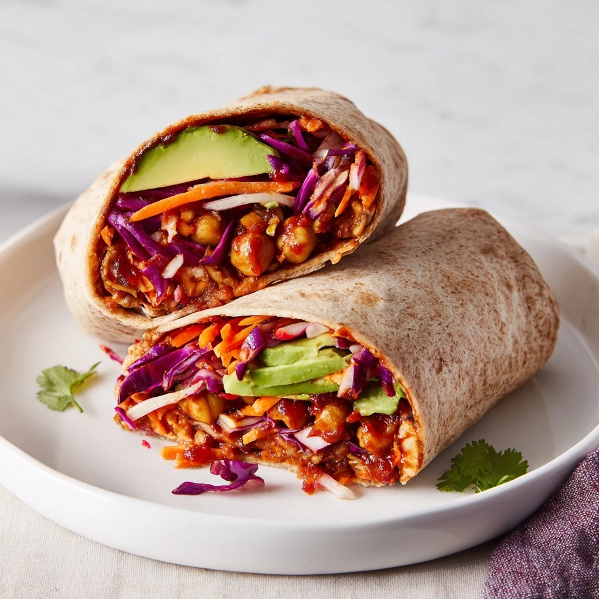 BBQ Chickpea & Slaw wraps, a colorful and healthy holiday meal, featuring vibrant slaw and smoky chickpeas.