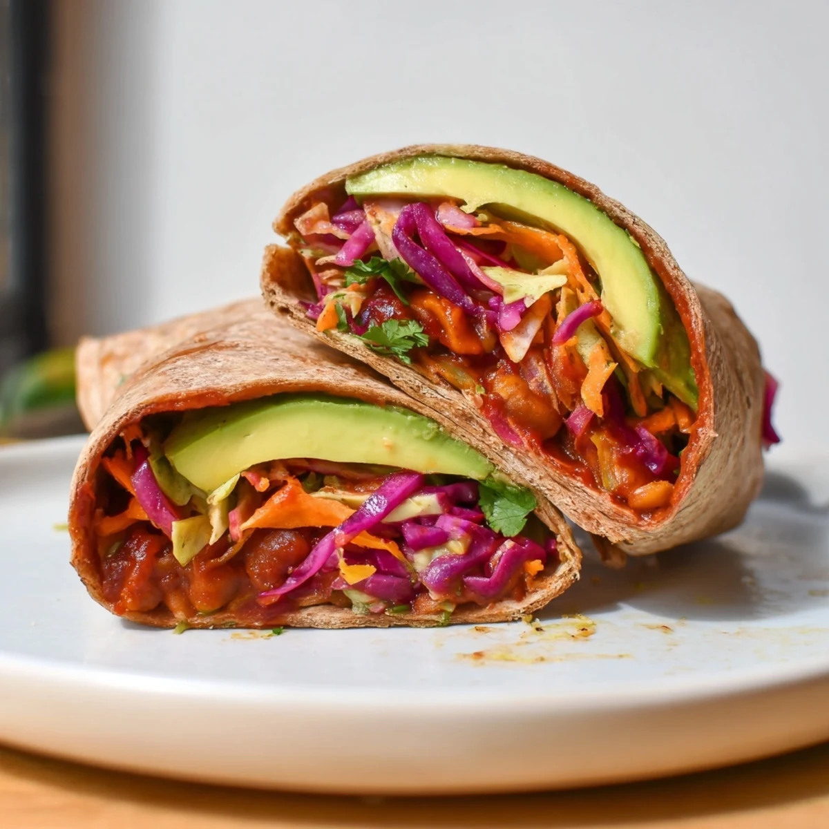 Close-up of a stacked BBQ Chickpea & Slaw wrap, filled with delicious textures and fresh lime wedges.