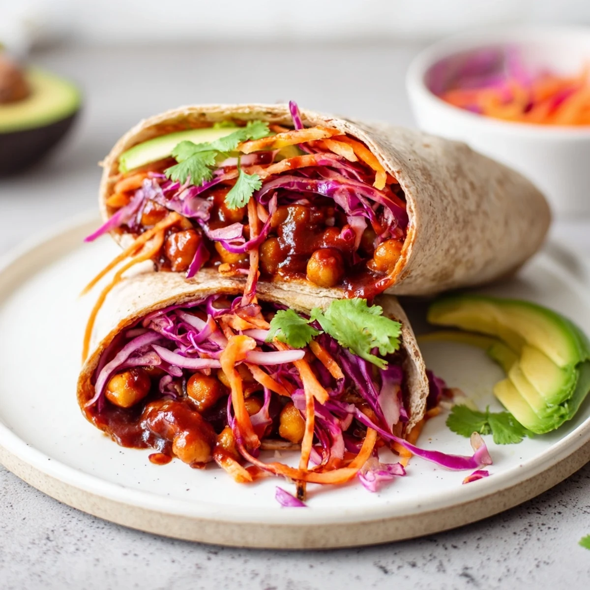 Golden BBQ chickpeas nestled in a whole wheat wrap with a creamy avocado and plenty of crunchy slaw.