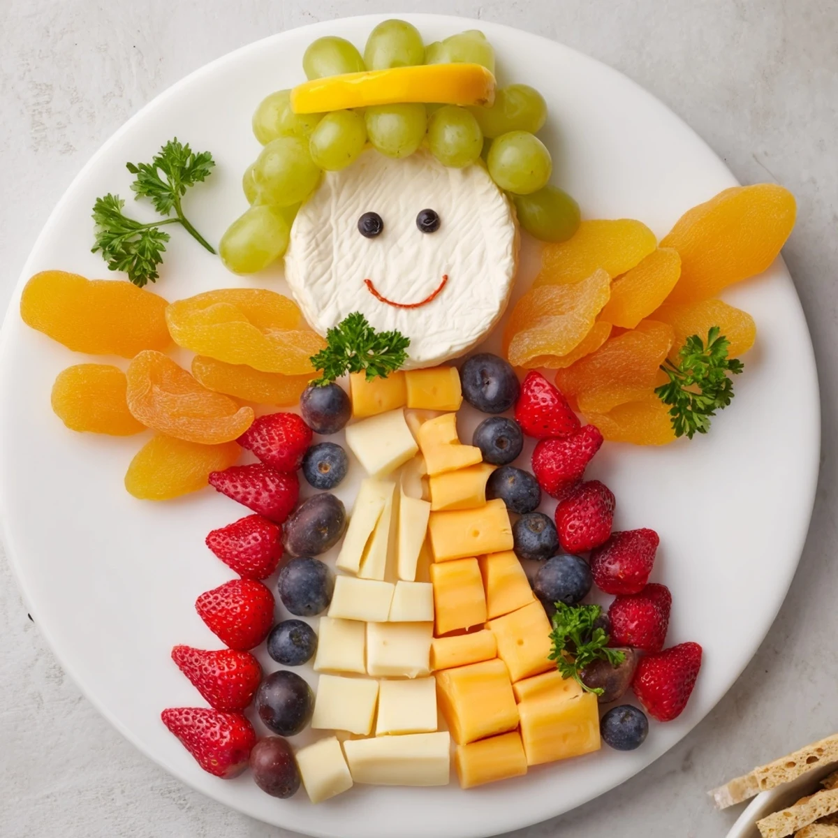 A festive Cherub Angel Snack Tray with brie, grapes, and cheddar arranged beautifully for a party.