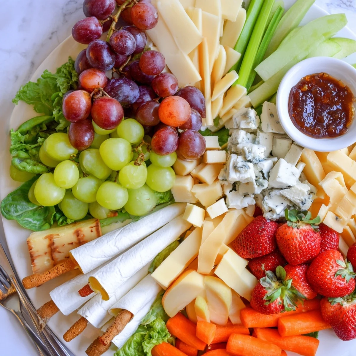 Vibrant Enchanted Forest Grazing Board, laden with colorful fruits, cheeses, and inviting crackers for sharing.