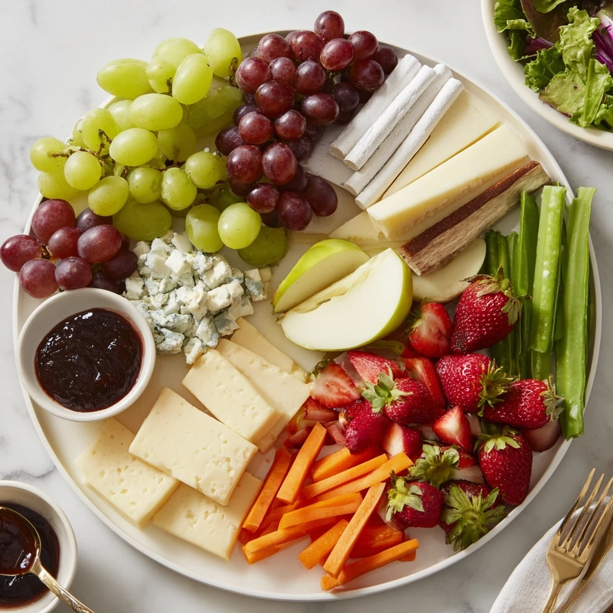 A beautifully arranged Enchanted Forest Grazing Board shows a delicious vegetarian spread with fresh ingredients ready to enjoy.