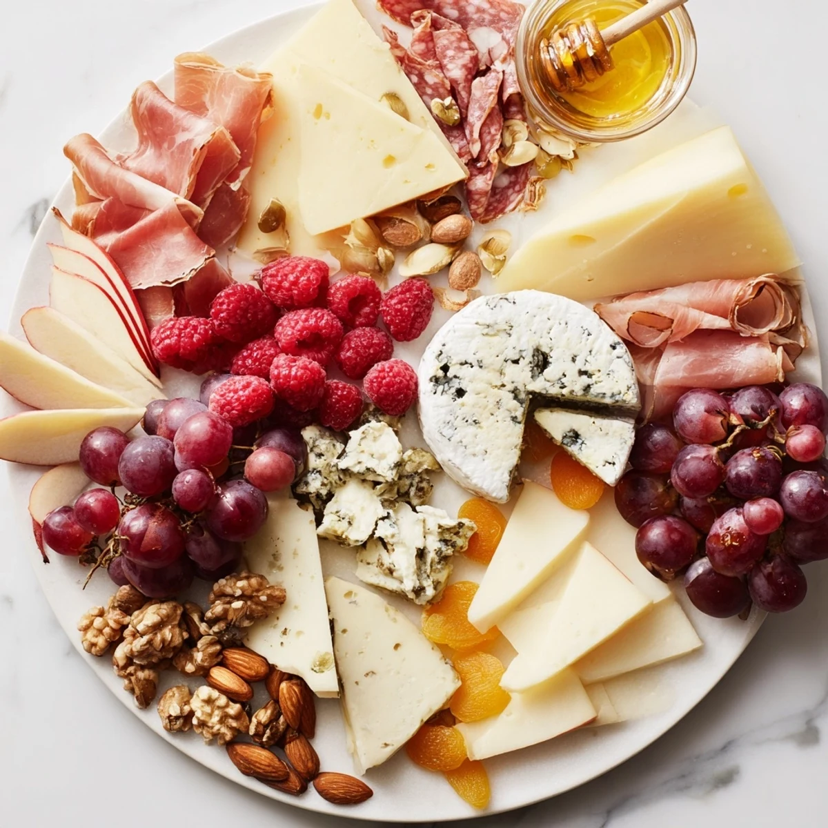 Artisan crackers surround a beautiful Lace & Pearls Elegant Board, brimming with gourmet cheese and meats.