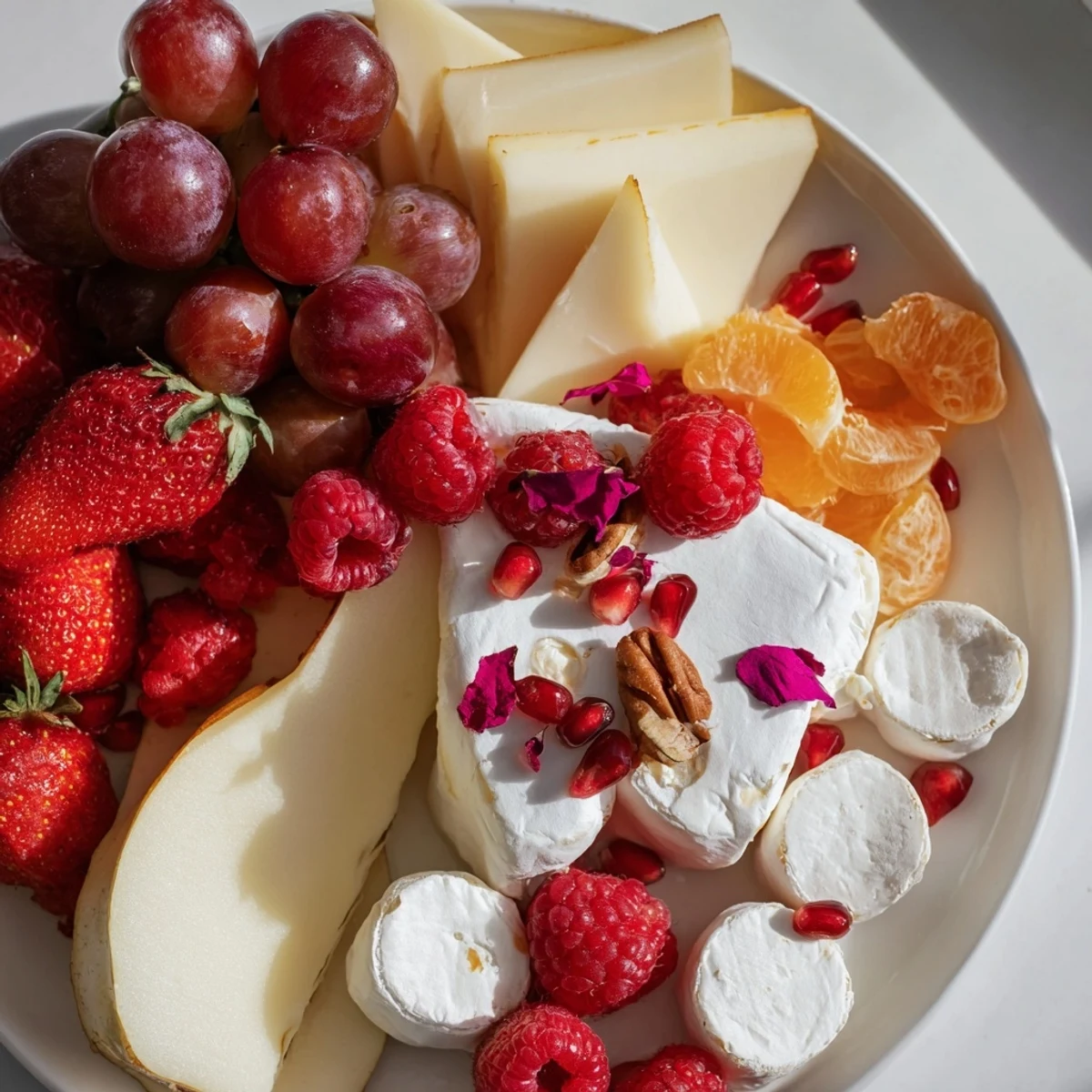 Rose Garden Romantic Platter features creamy brie with vibrant strawberries and colorful edible petals.