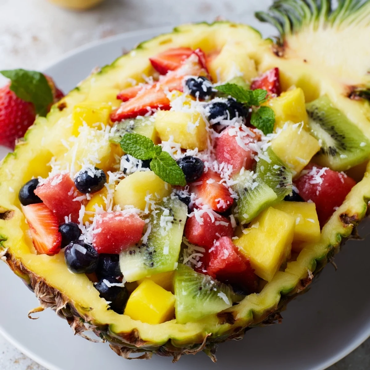 Bright and colorful Tropical Bliss Pineapple Fruit Boats brimming with fresh mango and berries, ready to serve.