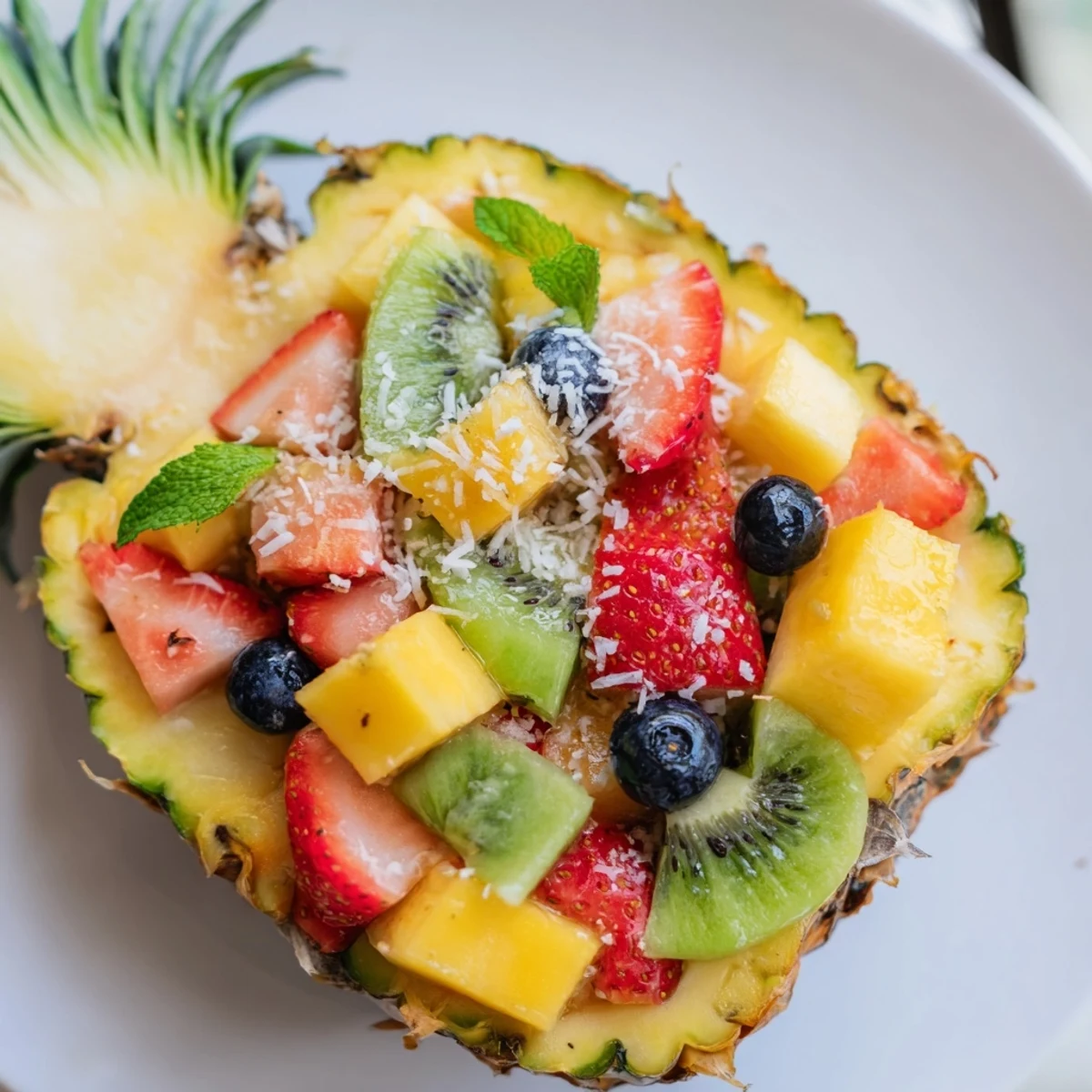 A refreshing Tropical Bliss Pineapple Fruit Boat dessert with diced pineapple, dressed in lime juice, perfect for summer.